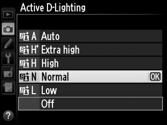 To use Active D-Lighting: 1 Select Active D-Lighting in the shooting menu. To display the menus, press the G button. Highlight Active D-Lighting in the shooting menu and press 2. 2 Choose an option.
