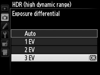 2 Select a mode. Highlight HDR mode and press 2. Highlight one of the following and press J. To take a series of HDR photographs, select 6 On (series).