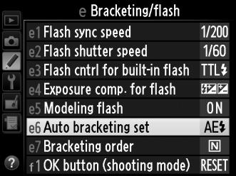 Bracketing (P, S, A, and M Modes Only) Bracketing automatically varies exposure, flash level, Active D-Lighting (ADL), or white balance slightly with each shot, bracketing the current value.