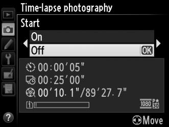 Time-Lapse Photography The camera automatically takes photos at selected intervals to create a silent timelapse movie using the options currently selected for Movie settings in the shooting menu (0