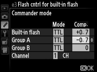 Follow the steps below to take photographs in commander mode. 1 Adjust settings for the built-in flash. Choose the flash control mode and output level for the built-in flash.