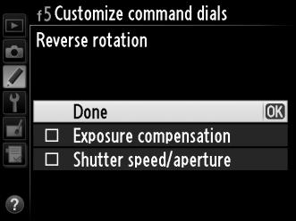 f5: Customize Command Dials G button A Custom Settings menu This option controls the operation of the main and sub-command dials.