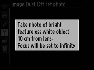 Image Dust Off Ref Photo G button B setup menu Acquire reference data for the Image Dust Off option in Capture NX 2 (available separately; for more information, see the Capture NX 2 manual).