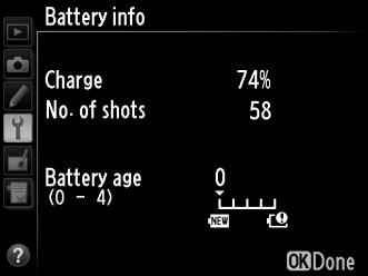 Battery Info G button B setup menu View information on the battery currently inserted in the camera. Item Charge No.
