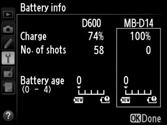 Note that the camera may sometimes release the shutter without recording a photograph, for example when measuring preset white balance. A five-level display showing battery age.