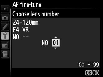 AF Fine-tune G button B setup menu Fine-tune focus for up to 12 lens types. AF tuning is not recommended in most situations and may interfere with normal focus; use only when required.