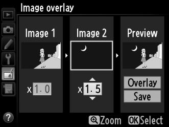 4 Adjust gain. Highlight Image 1 or Image 2 and optimize exposure for the overlay by pressing 1 or 3 to select gain from values between 0.1 and 2.0. Repeat for the second image.