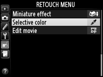 Selective Color G button N retouch menu Create a copy in which only selected hues appear in color. 1 Select Selective color.