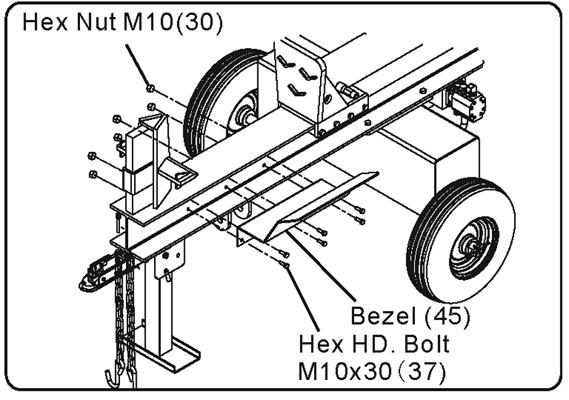 1. Raise the Engine and Oil Tank Assembly about 9 inches onto a secure platform. Connect the Wheels to the axles using the supplied hardware (parts 53-55) as previously stated.