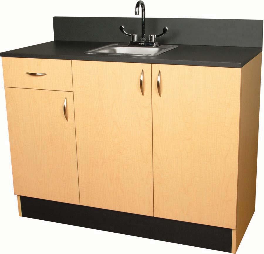 32" Sink Cabinet w/ Stainless Bar Sink with cabinet storage. 32"W x 21"D x 36"H. Organizer 48" Sink Cabinet w/ Stainless Bar Sink, drawer, and storage cabinets w/ adjustable shelves.