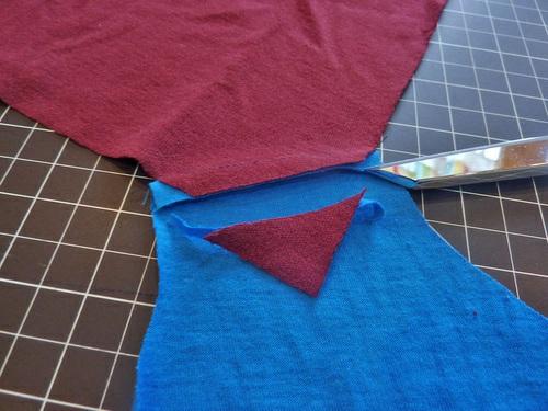 to approximately ¼", trimming away the corner. 6. Place the front and back panels right sides together, aligning all the raw edges of shirt squares as well as all the rounded corner ties.