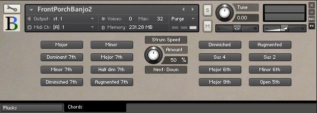 CHORDS Front Porch Banjo 2 includes 16 different types of chords, automatically strummed within Kontakt.