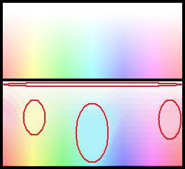 Figure 2 Before and after spectrum showing the cleaned regions of the colorspace. After the Image Detergent operation, the image was binarized with the same settings as the first process.