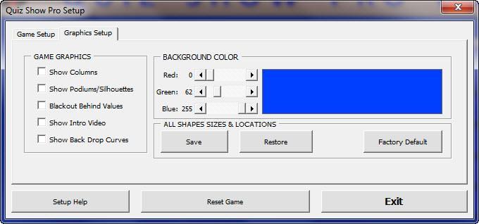 GRAPHIC SETUP Most organizations prefer to design a game using their own logos and colors. The Quiz Show Pro game lets you do exactly this from the Graphic Setup tab (shown below).
