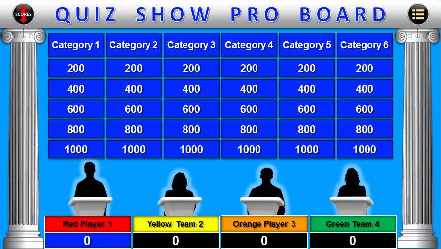 Quiz Show Pro & Double Quiz Show Pro Boards You, your teams and/or players will select questions from the two Quiz Show Pro Boards.