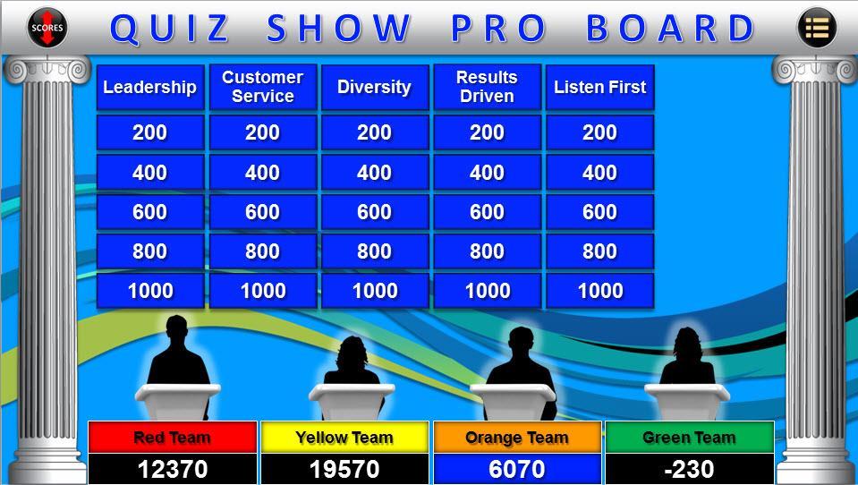 REGULAR AND DOUBLE QUIZ SHOW PRO BOARD SETUP These two buttons (shown right) found in the middle of the Game Setup bring you to the Regular and Double Quiz Show Pro Board setup (shown below).