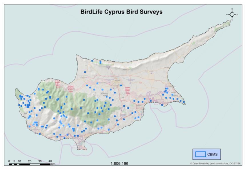 How the BirdLife Cyprus Common Birds Monitoring Scheme (CBMS) is set up The aim of the CBMS is to capture a representative sample of common breeding birds in all major habitats in Cyprus, in order to