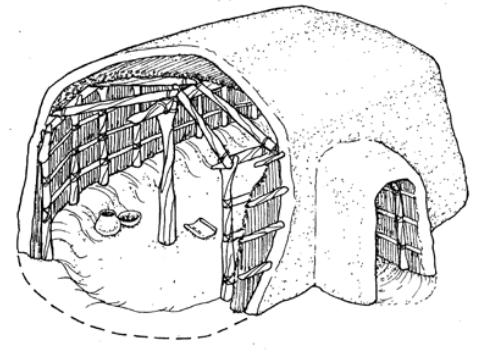 This is what a pithouse would have looked like. The cross section shows the inside construction. (Pueblo Grande Museum) Adobe houses were square instead of oval and built above ground.