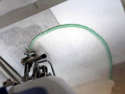 Attach the hoop to the machine and continue embroidering -- a zigzag tack down will sew next.