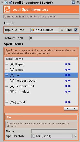 When an actor will be able to cast spells, you simply need to add an entry to the list and drag the spell from the Project view into the Spell Prefab property.
