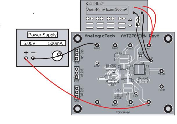 EV57 Test: R DS(ON)H and R DS(ON)L Figure 8: AAT2784 Schematic Connection Diagram for R DS(ON) Measurement.. Configure the specified test equipment as shown in Figure 8. 2.