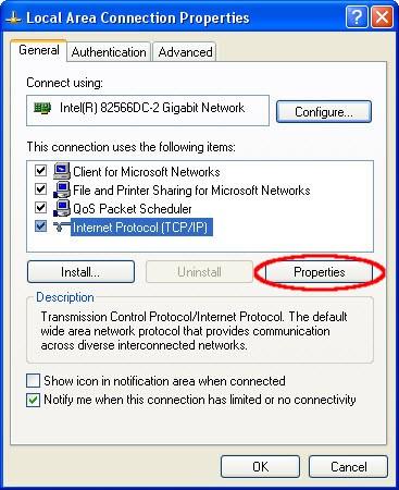 Now select Internet Protocol [TCP/IP] and press Properties button.