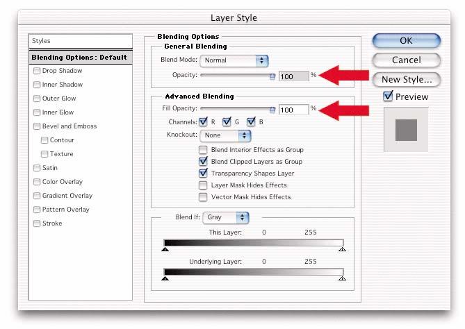 In the Layer Style dialog box, there is a section for Blending Options. Here, you control General Blending and Advanced Blending options (Figure 22).