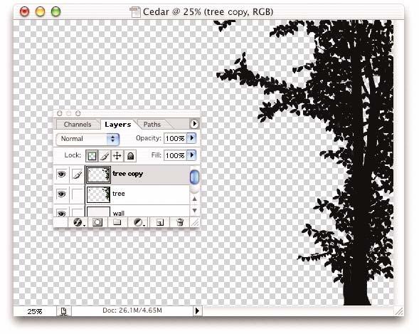 The layer that contains the merged tree is duplicated by dragging it over the Make New Layer icon at the bottom of the Layer s palette (Figure 31).