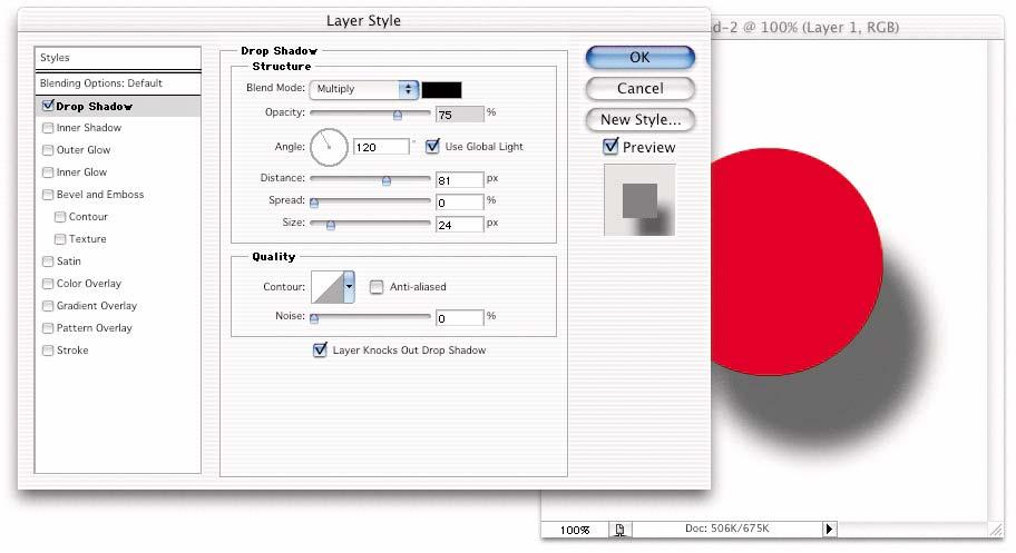 The Quality section of the dialog box includes a Contour field that allows you to set parameters to control the shape of your shadow.