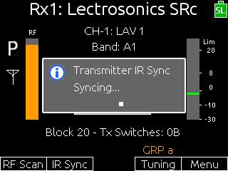 User Guide Screen Element RF Scan Description Runs a scan of the Lectrosonics receiver s RF block or band, and then displays the frequency graph, allowing users to assign a frequency to the receiver