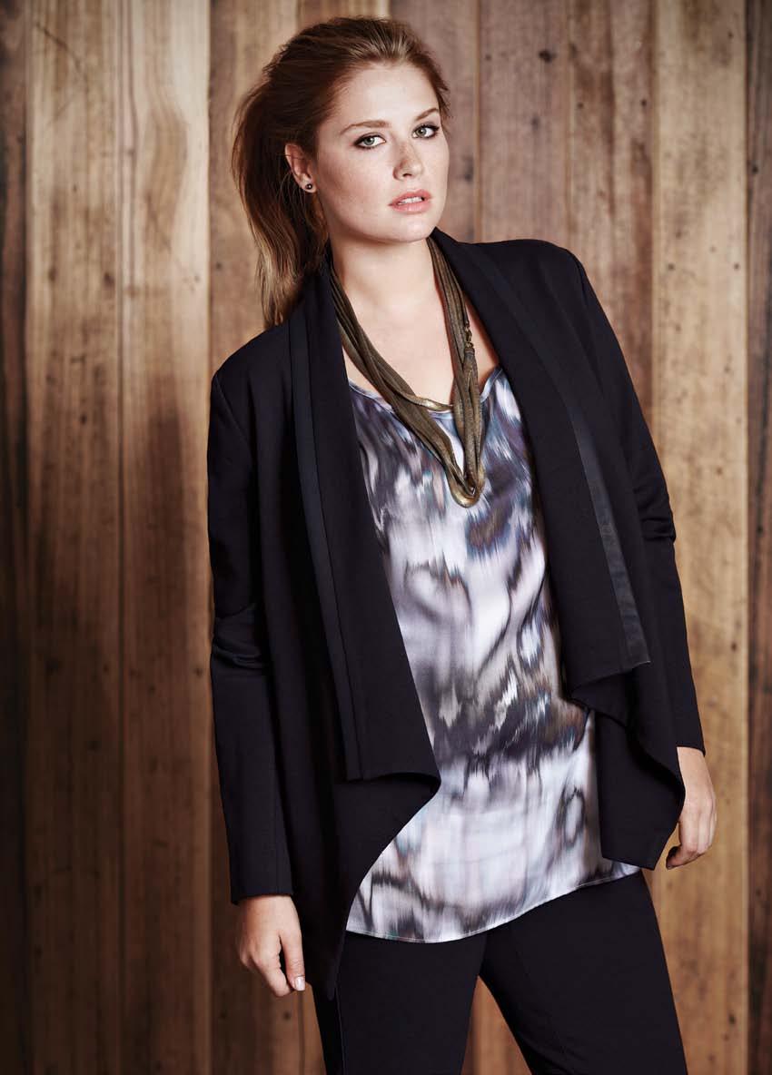 19 TT063J31 contrast trim ponti jacket in black available in sizes 0-3 $249, TT226B31 haze print top available in