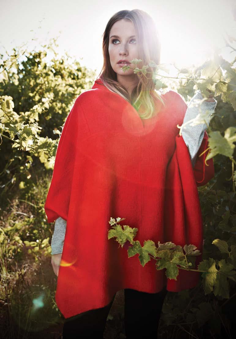 02 TT132K31 boiled wool cape in scarlet red available in one size only $229, TT106K31 colour blocked angora blend