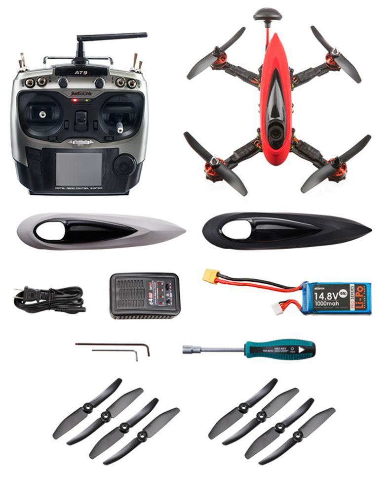 Package includes: 1. Fully Assembled Storm Ninja 250 w/ FPV System (Camera and Transmitter) 2. RadioLink AT9 Radio System 3. Storm 14.8V 1000mah 65C Li-Po Battery 4. SKYRC E4 Charger 5.