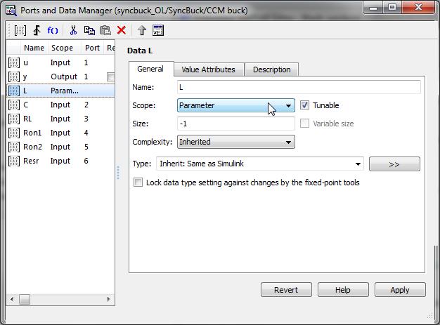 Click on L, change Scope to Parameter, and click Apply Repeat this step with other parameters: C, RL, Ron1, Ron2, Resr.