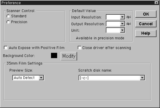 PREFERENCES DIALOG BOX NAMES OF PARTS 1. Click on. The Preferences dialog box will appear. 1. Scanner control option buttons 2. Close driver after scan checkbox 3.