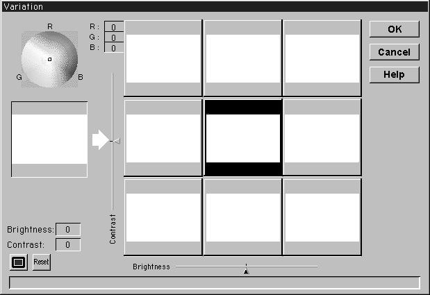 VARIATION DIALOG BOX NAMES OF PARTS The variation dialog box lets you quickly correct the brightness and contrast of your image by clicking on simulations that represent varying amounts correction to