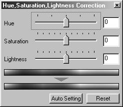 HUE/SATURATION/LIGHTNESS When the Hue/Saturation/Lightness Correction button is clicked, the Hue, Saturation, Lightness Correction dialog box is displayed.