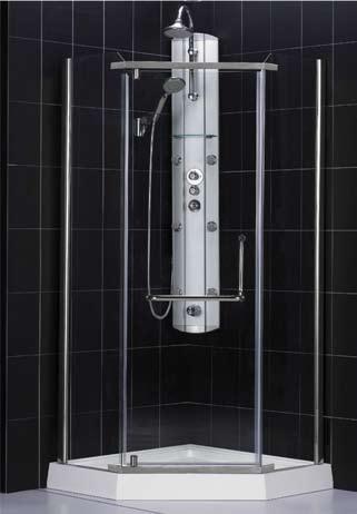 TM HORIZON SHOWER ENCLOSURE Pivot Door with full length magnetic door latch 3/8 tempered safety clear glass Frameless glass design Visible fixtures in chrome (-01) finish Anodized aluminum profiles