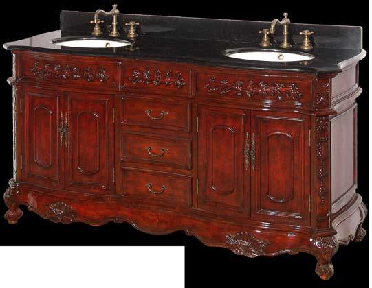TM Featuring double sinks with decorative carved accents, this vanity is sure to highlight any bathroom.