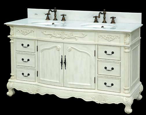 ANTIQUE VANITIES 26 DLVBJ - 003 ANTIQUE VANITY Featuring double sinks with decorative carved accents, this vanity is sure to highlight any bathroom.
