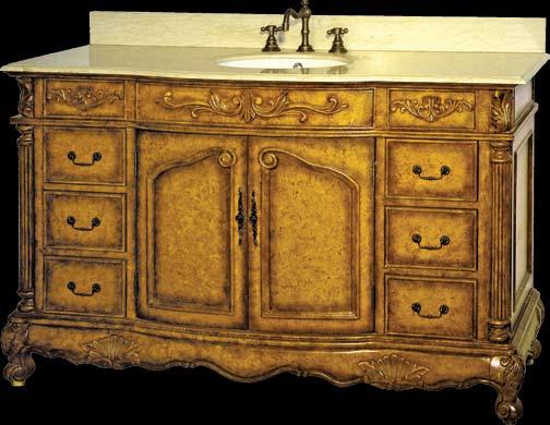 TM Large single sink cabinet with decorative carved accents, this vanity is sure to highlight any bathroom.