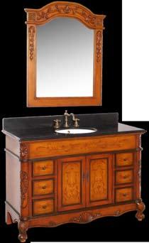 Six drawers (three on left and three on right of the vanity) and a center storage compartment with two hinged doors provide for storage of toiletries.