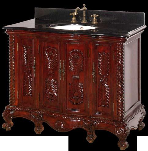 TM Extensive hand carving on doors, corners and legs of this vanity give it a rich Victorian feel.