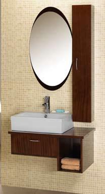 A large square porcelain sink and sleek oval mirror complete this modern vanity set.