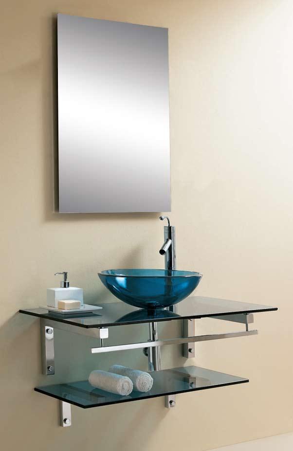 TM DLVG-1002 GLASS VANITY This wall mounted contemporary vanity features stylish glass top and vessel sink in a choice of four natural glass colors.