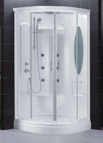 TM ATLANTICA JETTED STEAM SHOWER Standard Fiberglass reinforced Acrylic/ABS tray with stainless steel leveling legs Acrylic/ABS back wall with integrated seat Six adjustable body jets 3-way