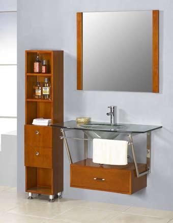 TM DLVG-108 GLASS VANITY Appealing wall mounted clear glass vanity countertop and seamlessly integrated sink.
