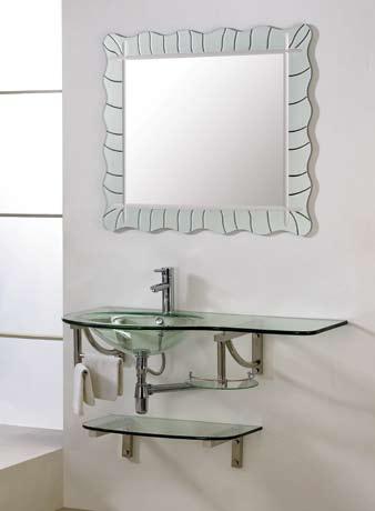 GLASS VANITIES 52 DLVG-118 GLASS VANITY Add this wall-mounted glass vanity set with soft curving contours and clear inside glass shelves to your powder room or bathroom.