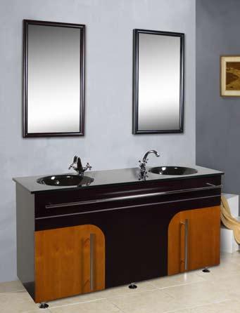 Black glass countertop with seamlessly integrated basin completes the unique look of this vanity.