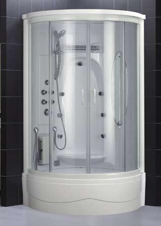 6 JETTED & STEAM SHOWERS NIAGARA JETTED STEAM SHOWER Standard Fiberglass reinforced Acrylic/ABS tray with stainless steel leveling legs and removable front skirt Acrylic/ABS roof with Tropical Rain